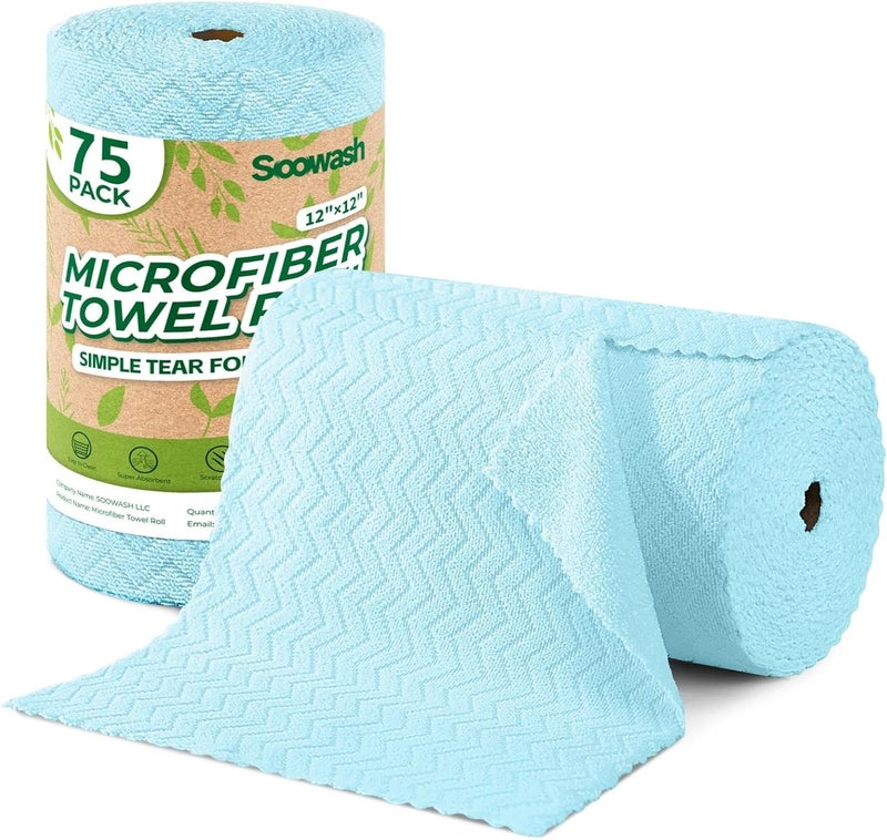 SOOWASH Microfiber Cleaning Cloths Roll, 75 Pack Tear Away Microfiber Towels Roll, 12" x 12" Lint Free Rags, Reusable Cleaning Cloths, Washable, Scratch Free,Ultra Absorbent Dish Rags(Blue Ripple) - Image 1